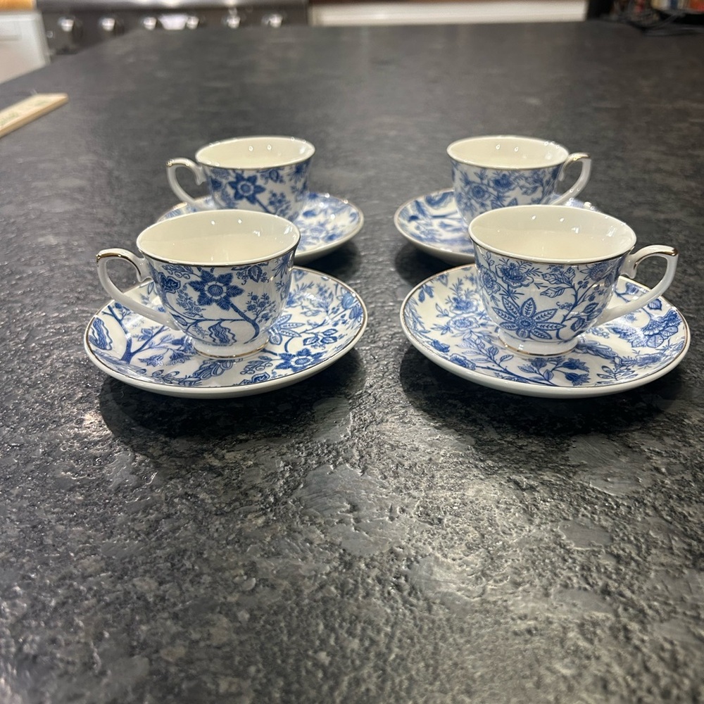 Blue Floral Porcelain Tea Cup and Saucer Set - 4 Pc